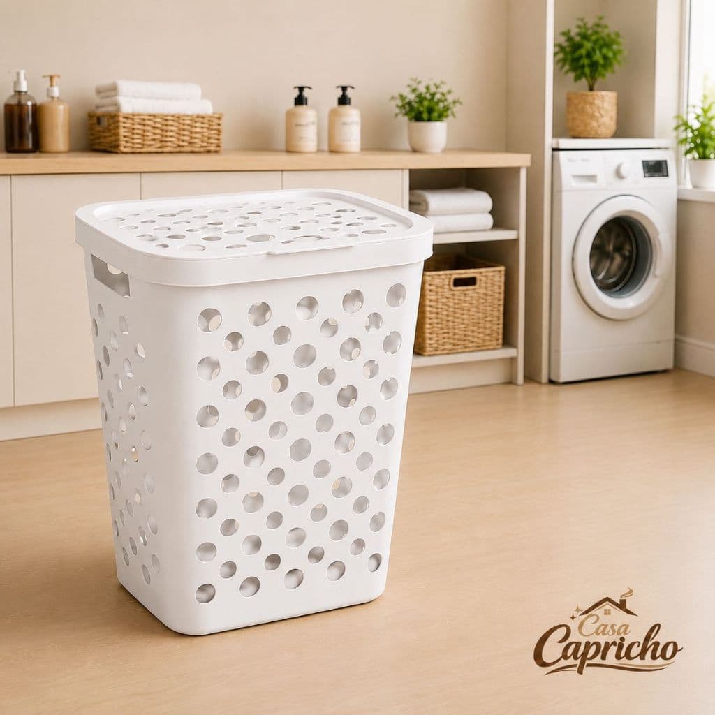 Cesto Telado 47 Litros com Tampa e Alça Cesto de Roupa Suja Banheiro Lavanderia - Usual Branco