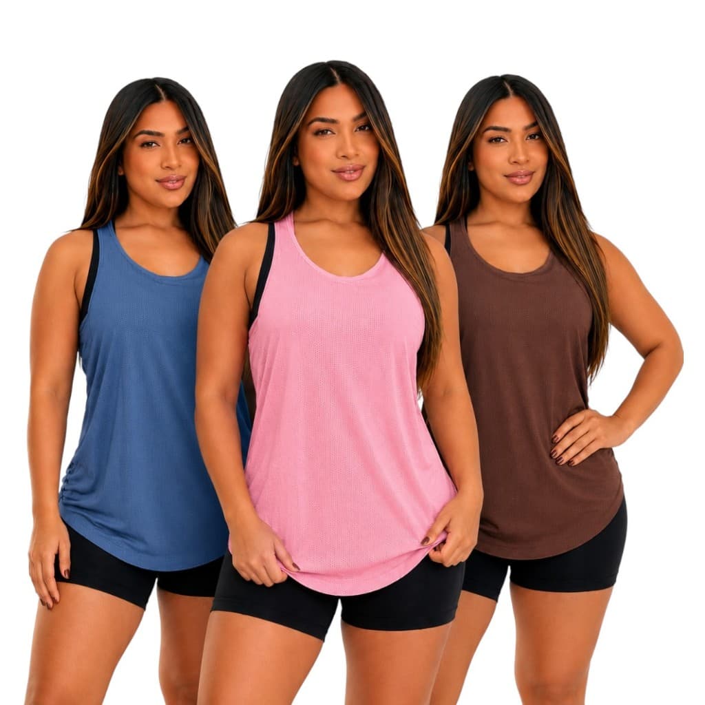 Kit 3 Blusa Regata Cavada Basica Roupa Academia Feminina Dry Fit Caminhada Treino Musculação Tapa Bumbum