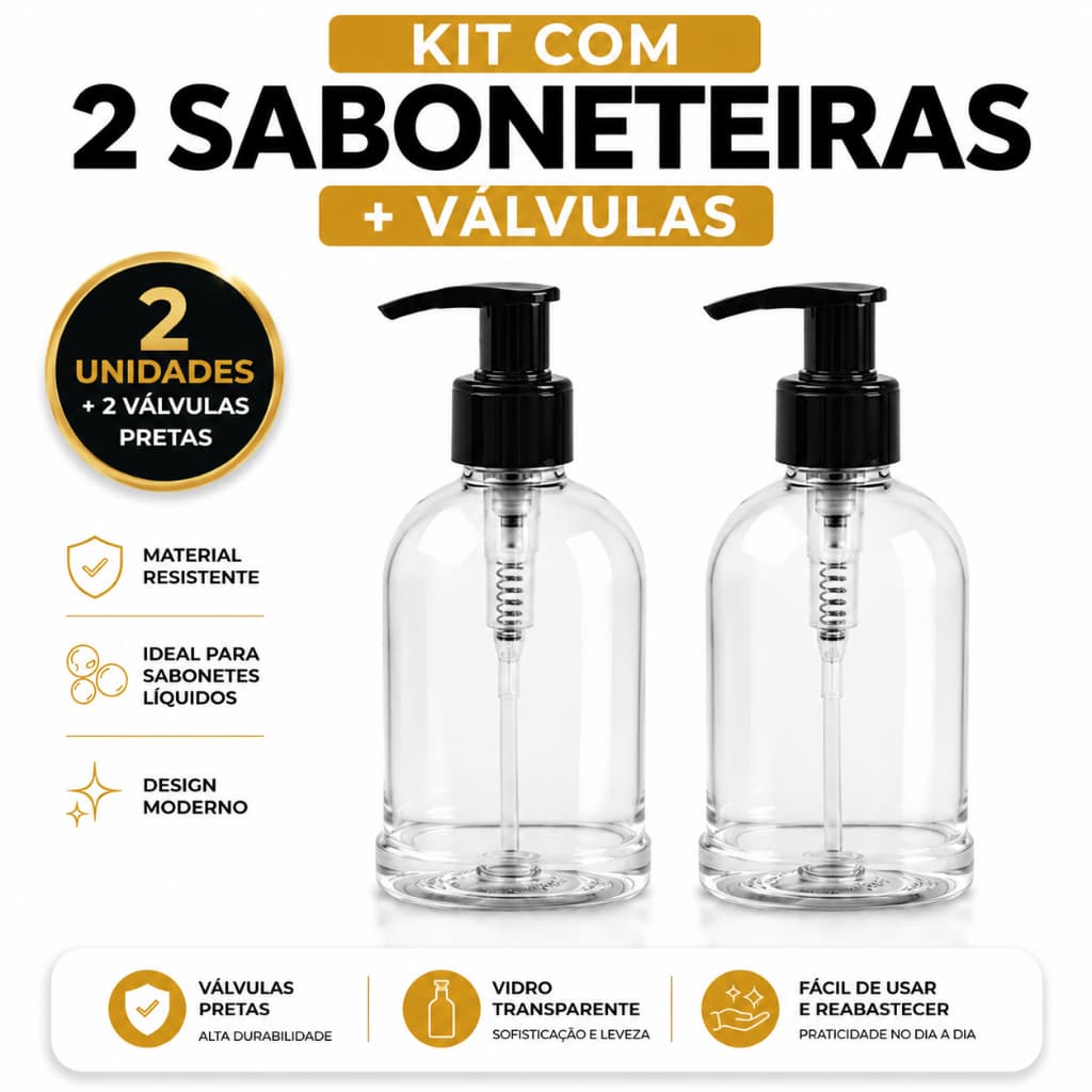 Kit 6 un Saboneteira 500ml + Valvula Pump Pet para Sabonete Shampoo Condicionador Alcool Viagem