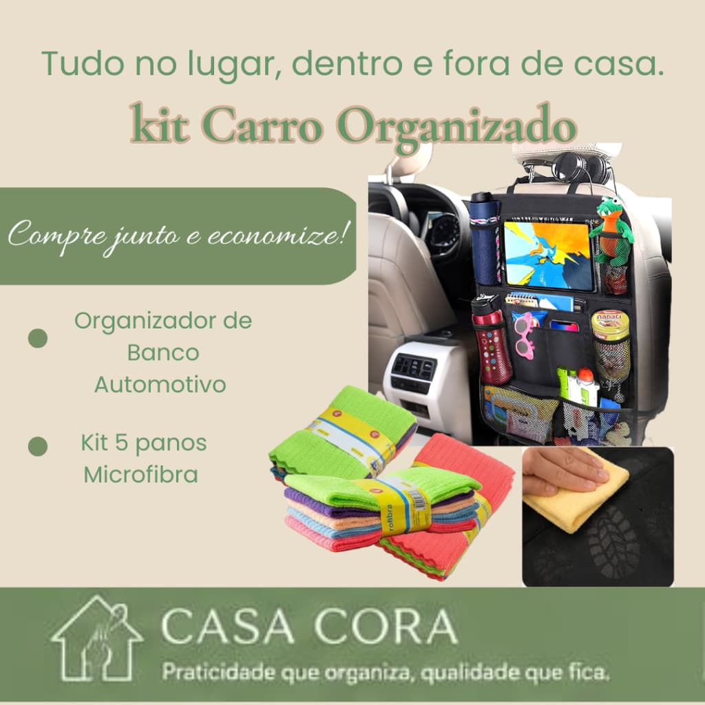 Kit Carro Organizado - Organizador Multiuso Para Banco de Carro - Acessórios Automotivos - Porta Treco - Pano de limpeza