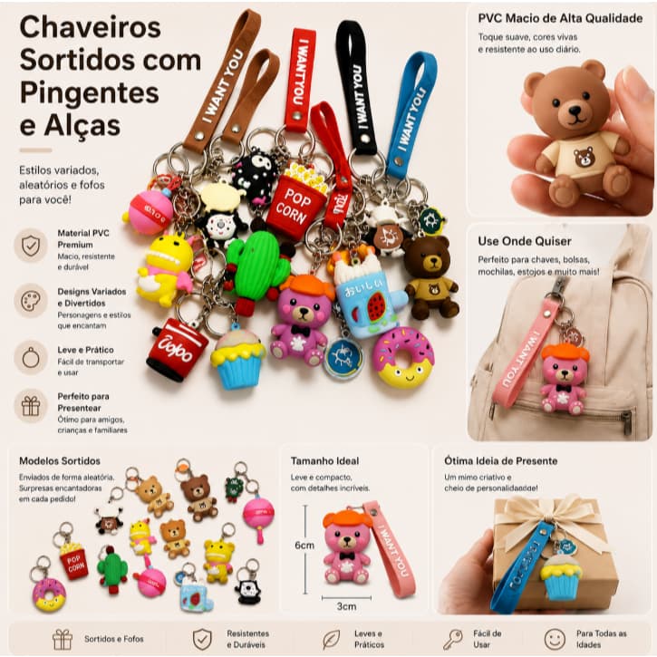 kit 3 Chaveiro Animado - Chaveiro Silicone - Chaveiro 3D