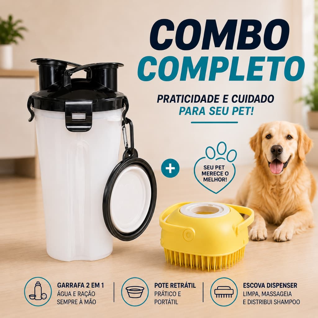 Kit Garrafa Dupla Porta Ração e Água Pets + Escova de Banho para Pets Silicone Dispenser de Shampoo