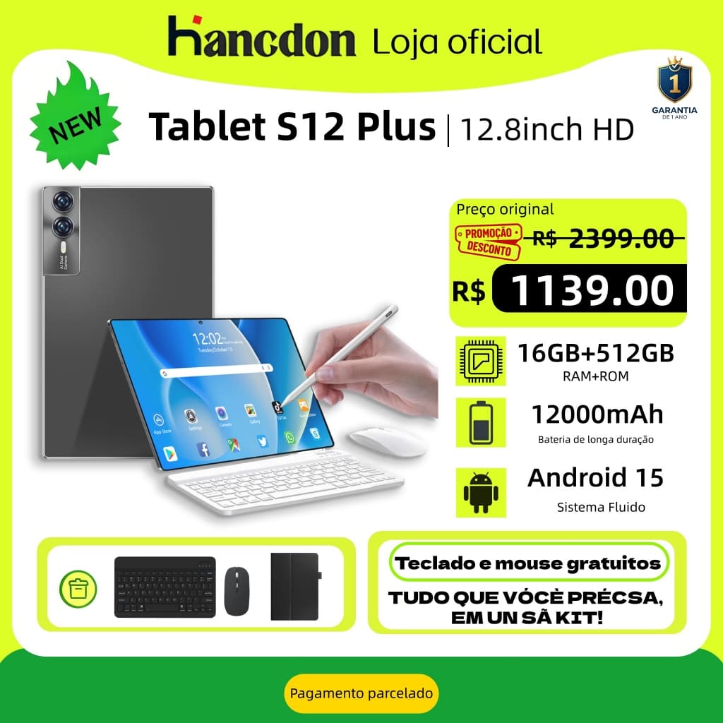 Tablet S12 Plus 16 GB + 512 GB, 12,8 polegadas, HD, 12.000 mAh, Android 15, para estudos e trabalho, com parcelamento