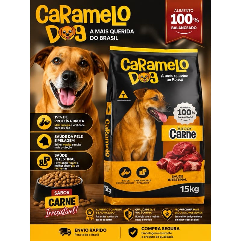 Ração cachorro Caramelo Dog 15kg Sabor Carne – A Ração Mais Querida do Brasil | Original SEM CORANTE OMEGA 3 e 6