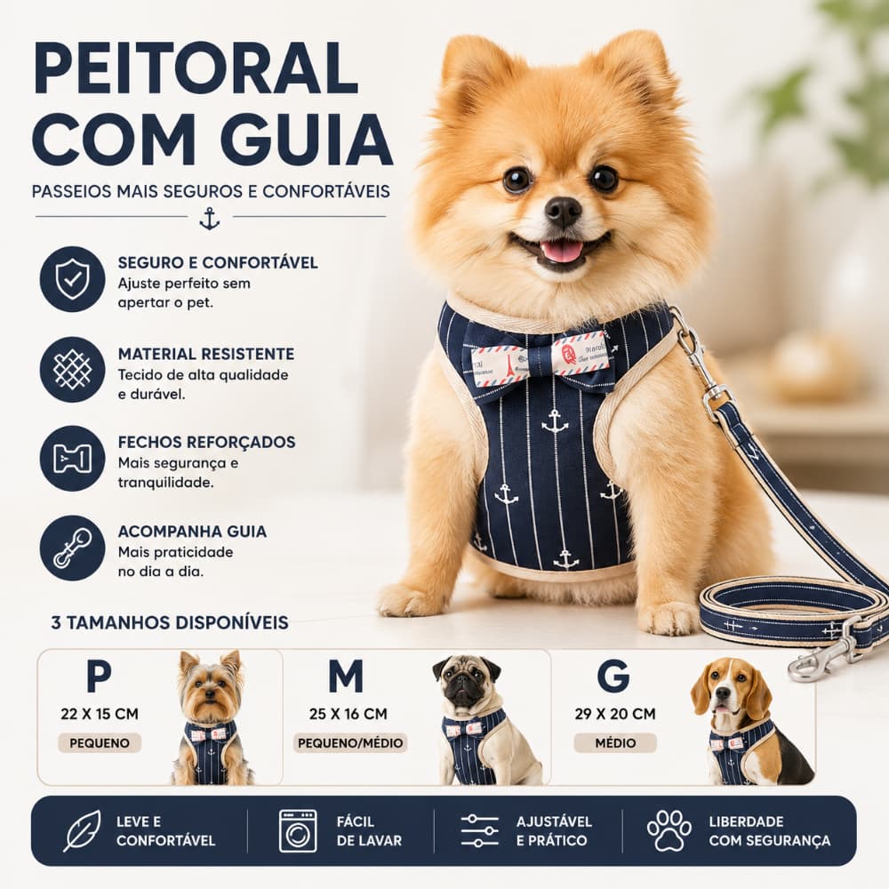 Coleira Peitoral Cachorro P e G Ajustável Com Guia Confortável Laço Gravatinha
