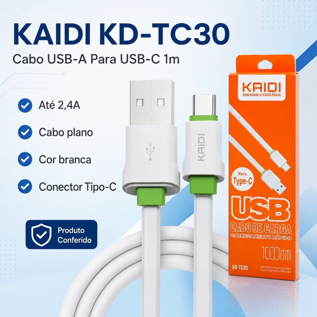 Cabo Carregador Tipo C Kaidi KD-TC30 USB-A 1 Metro Até 2.4A Branco 1m