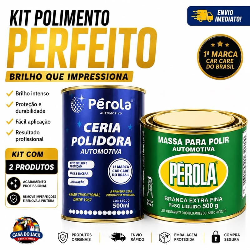 Kit Massa De Polir 500g + Cera Polidora 500ml Pérola Automotiva Alto Brilho Proteção Carro Moto Metais