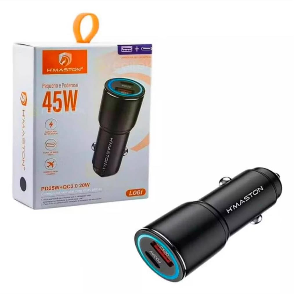 Carregador Veicular turbo Fast Charge Pd 45w Duplo Usb-c