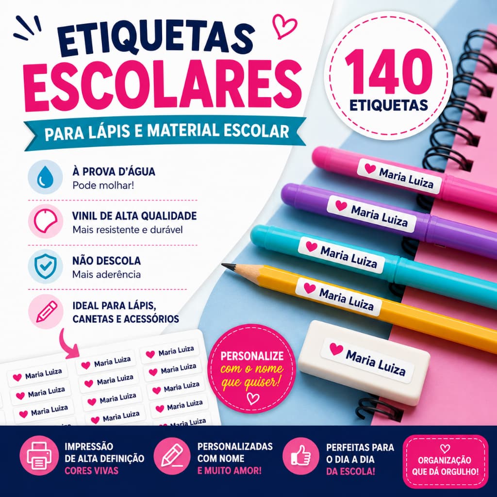 140 Etiquetas Adesivas Escolar para Lápis, material escolar, identificação em Vinil que pode molhar.