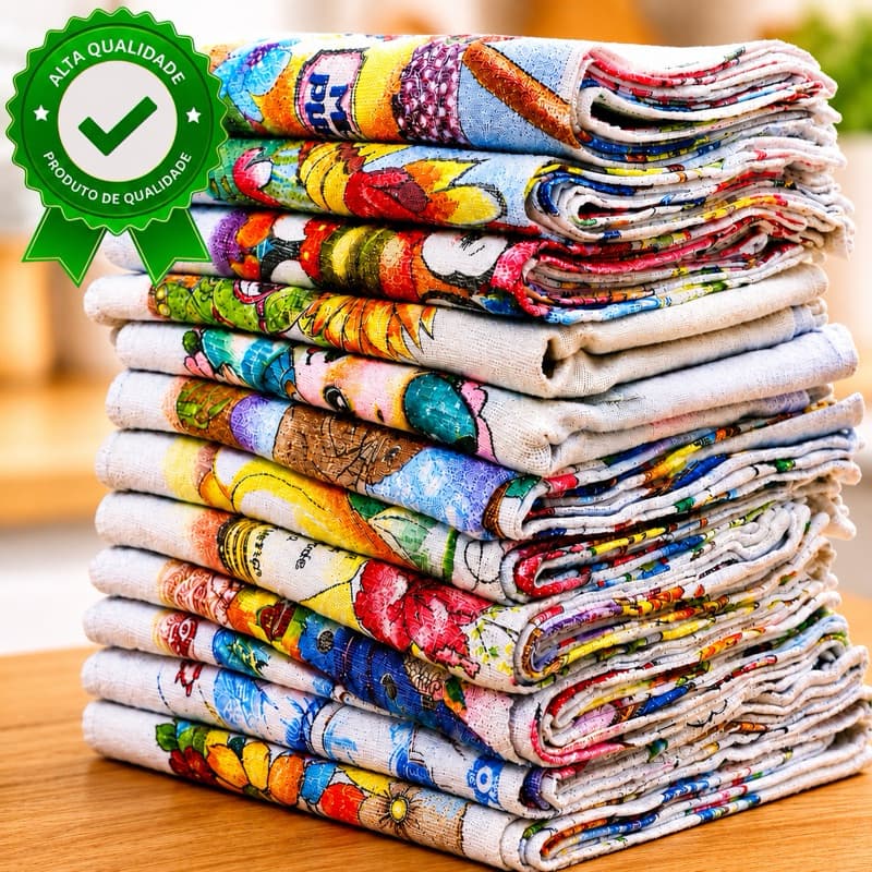 Kit 10 ou 5 Pano De Prato Estampado 100% Algodão com Bainha Alta Absorção Cozinha