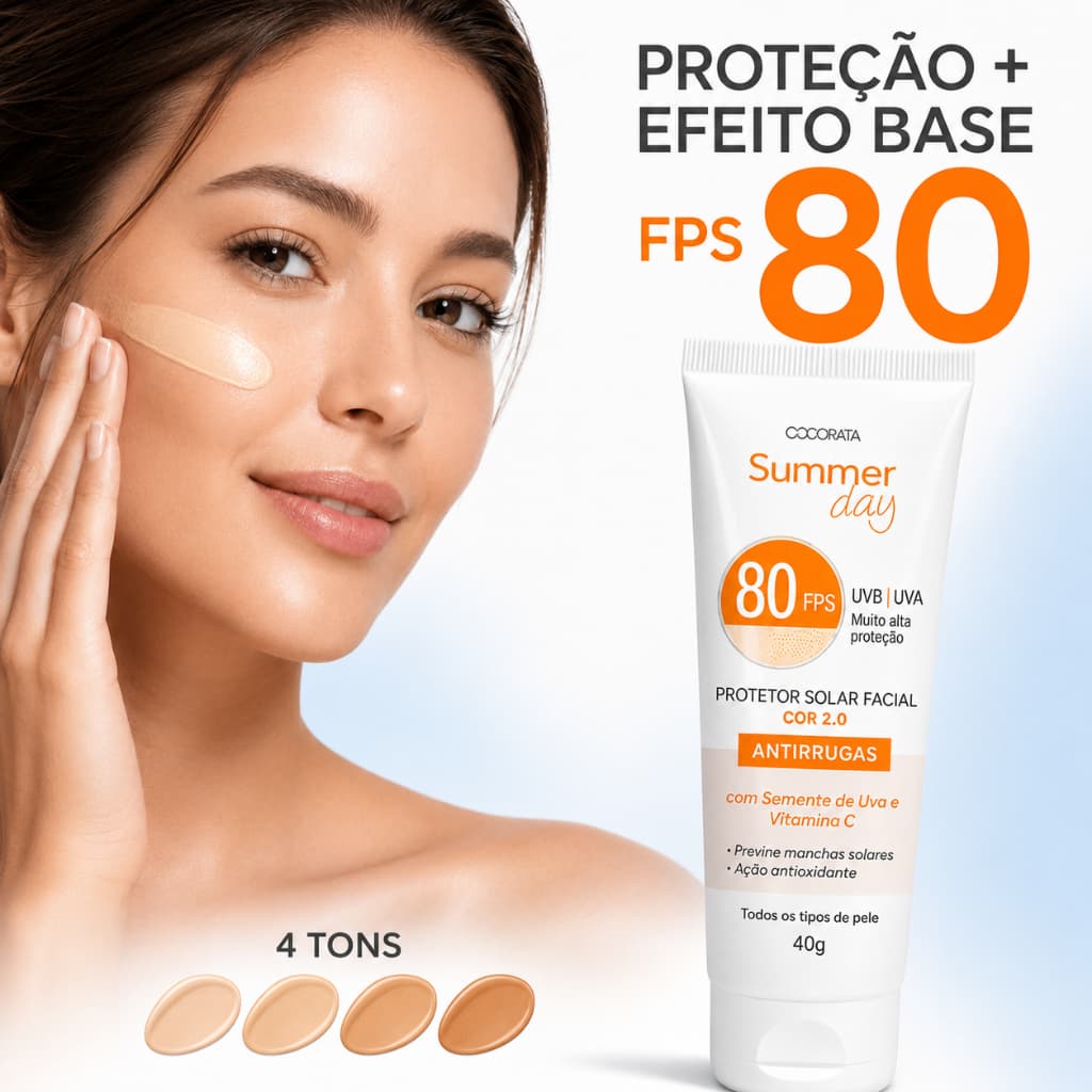 Protetor Solar Facial Com Cor FPS 80 Efeito Base Antirrugas Vitamina C 40g