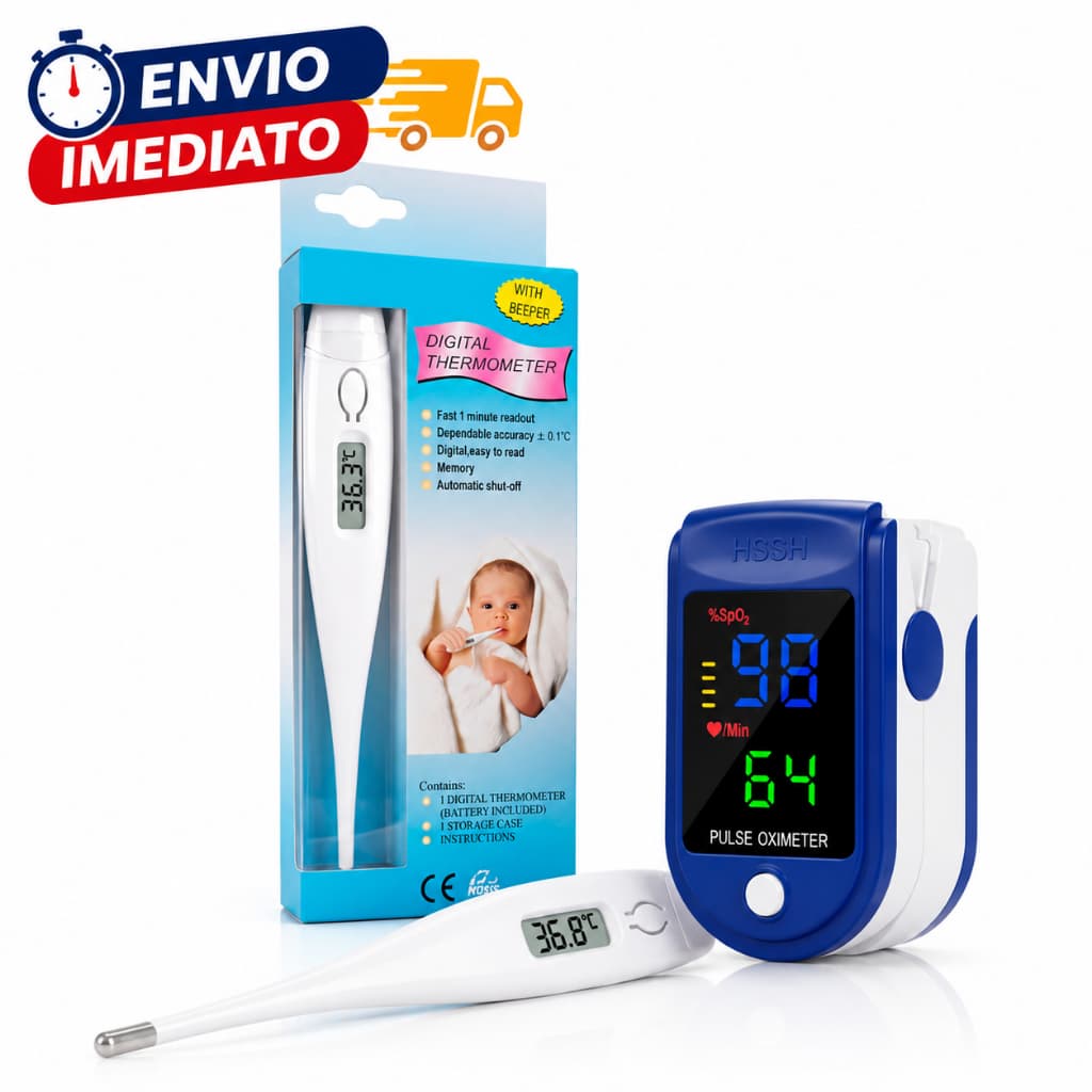 Combo Saúde Completo Oxímetro de Dedo Digital Marca Pulse e Termômetro Digital Clinico Adulto Infatil