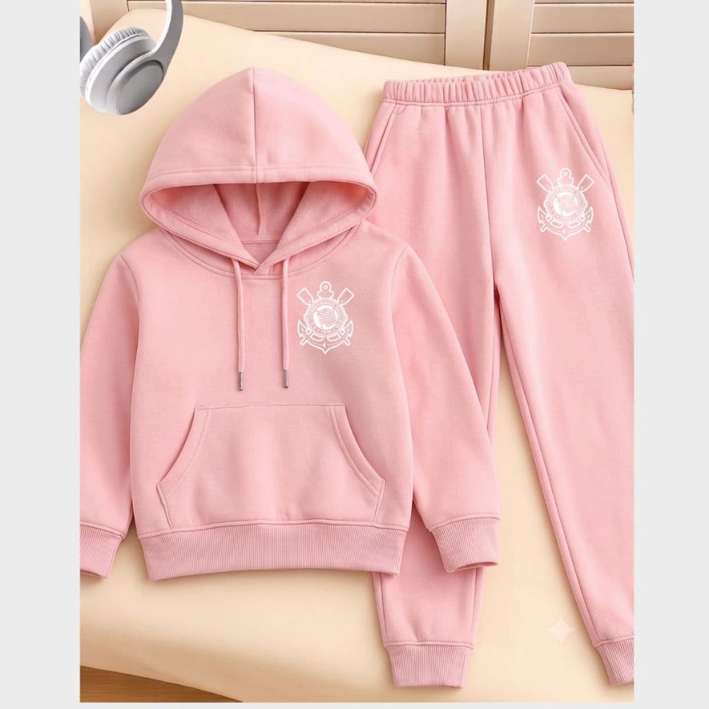 Conjunto Moletom Infantil Feminino Corinthians Rosa Blusa Capuz e Calça (2 ao 14)