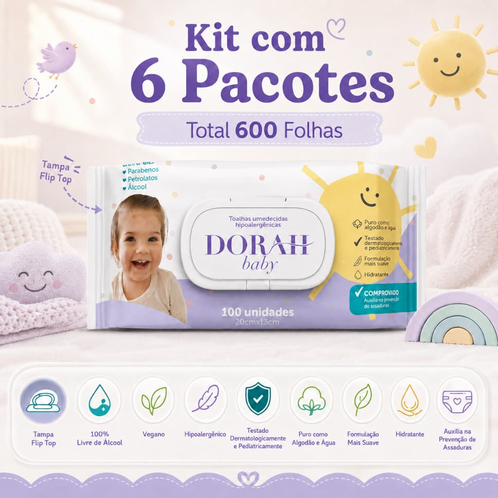 Kit Lenços Umedecidos SEM Álcool - 6 Pacotes com 100 Folhas com Tampa - Dorah Baby (Total 600 Folhas)