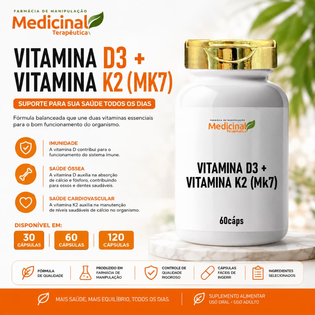 VITAMINA D3 + VITAMINA K2mk7 30 , 60 OU 120 CÁPSULAS