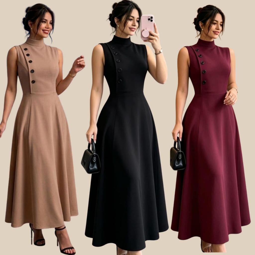 Vestido Midi Alfaiataria Feminino Gola Alta Elegante Festa Social com Botões