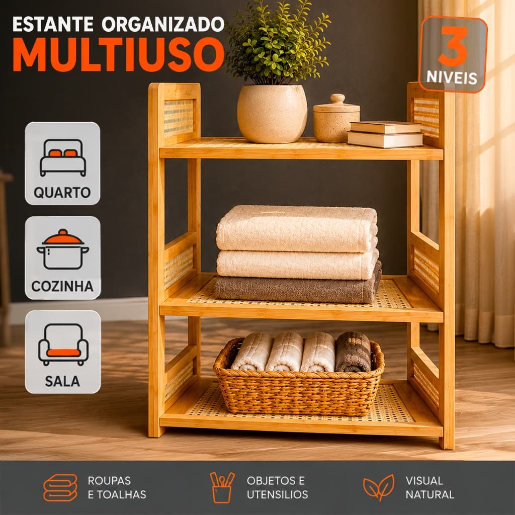 Estante Organizadora Multiuso de Bambu 3 Andares para Quarto, Banheiro, Cozinha e Sala