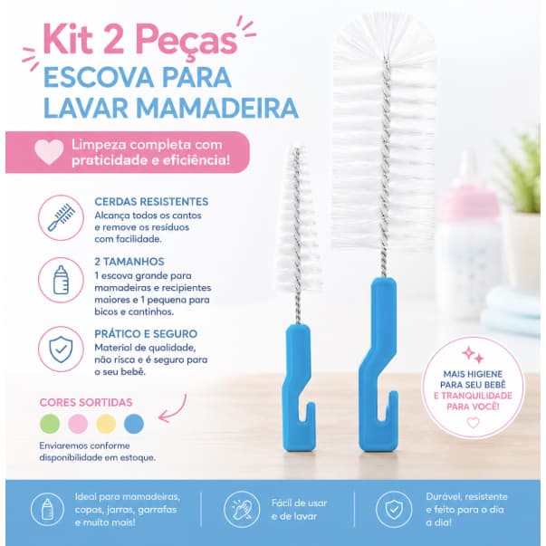 Kit Escova Limpeza de Mamadeira Bicos Copos Garrafas Cerdas de Nylon Resistente