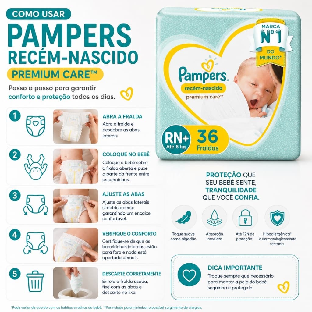 Fraldas Descartáveis Para Recém-nascidos Premium Care Rn+ 6Kg Com 36 Unidades Pampers