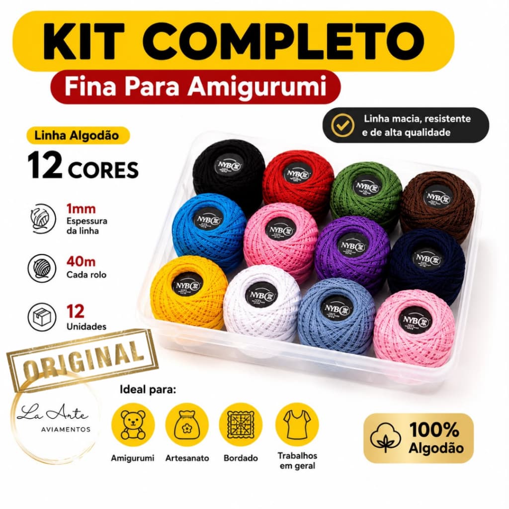Kit 12 Linhas Crochê NYBC 100% Algodão Cores Sortidas Linha Fina Para Amigurumi Bordado e Artesanato