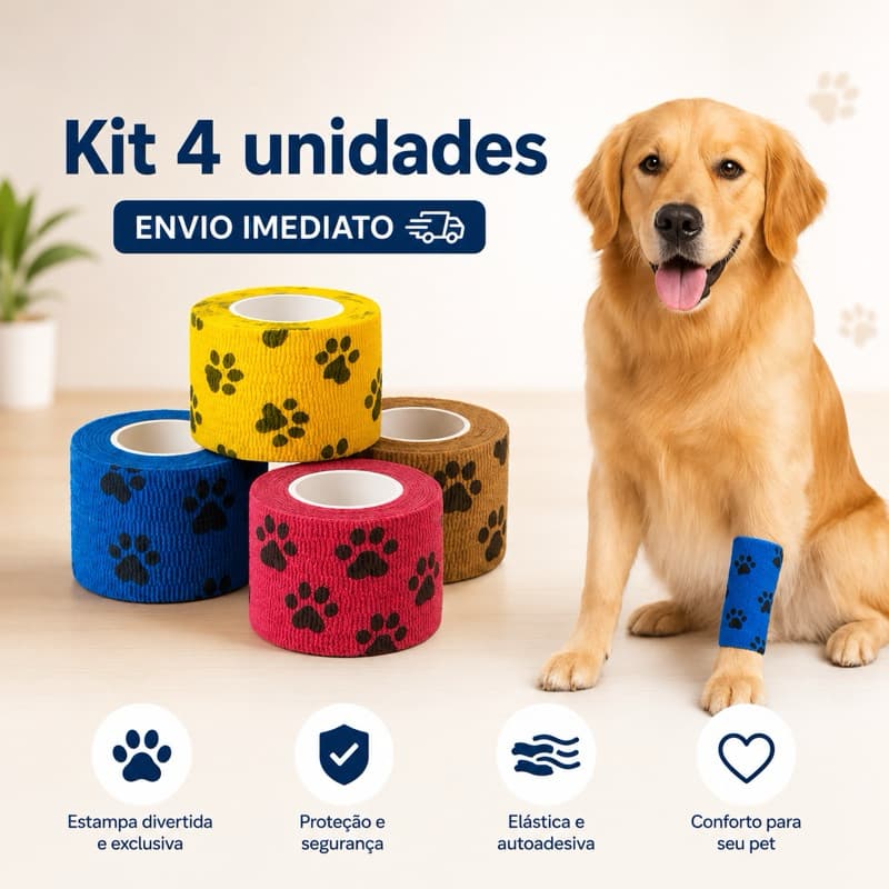 Kit 4 Bandagens Autoadesivas para Pets Curativo Veterinário Patinhas