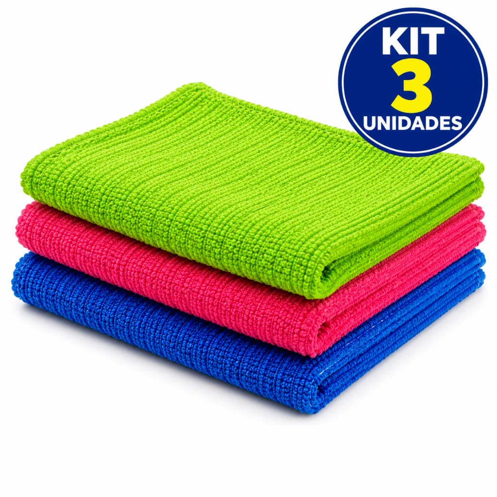 Kit 3 Panos de Microfibra 30x30cm Alta Absorção Limpeza Casa Carro Multiuso