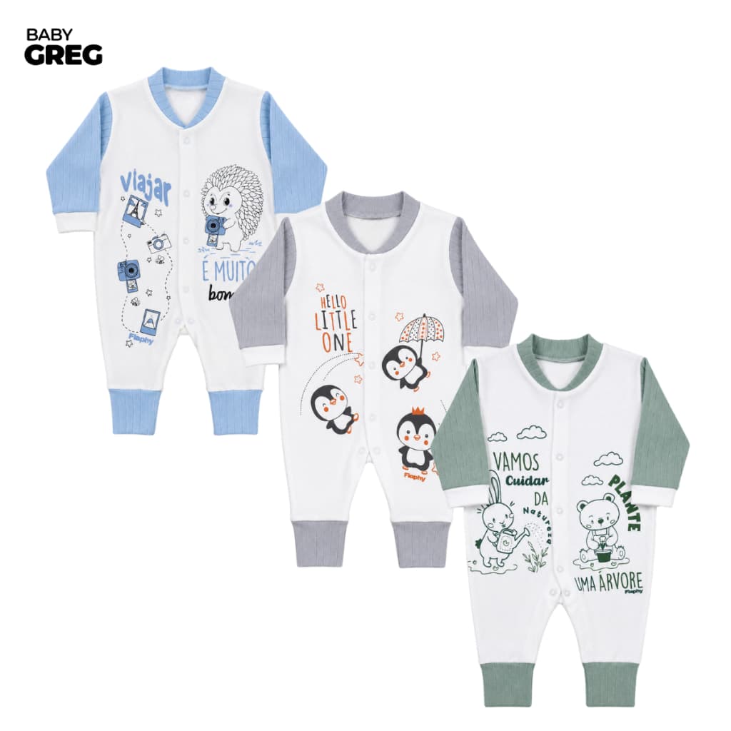 Kit 3 Macacões Bebê Menino e Menina Vira Pé com Zíper Estampados 100% Algodão Enxoval 0 a 9 Meses