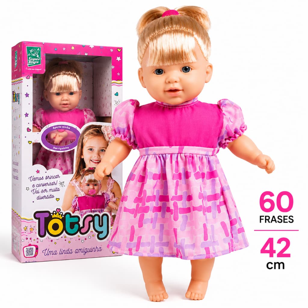 Boneca Grande  Que Fala 60 Frases Totsy Com Acessórios 42cm Chupeta Menina Articulada Boneca Viníl