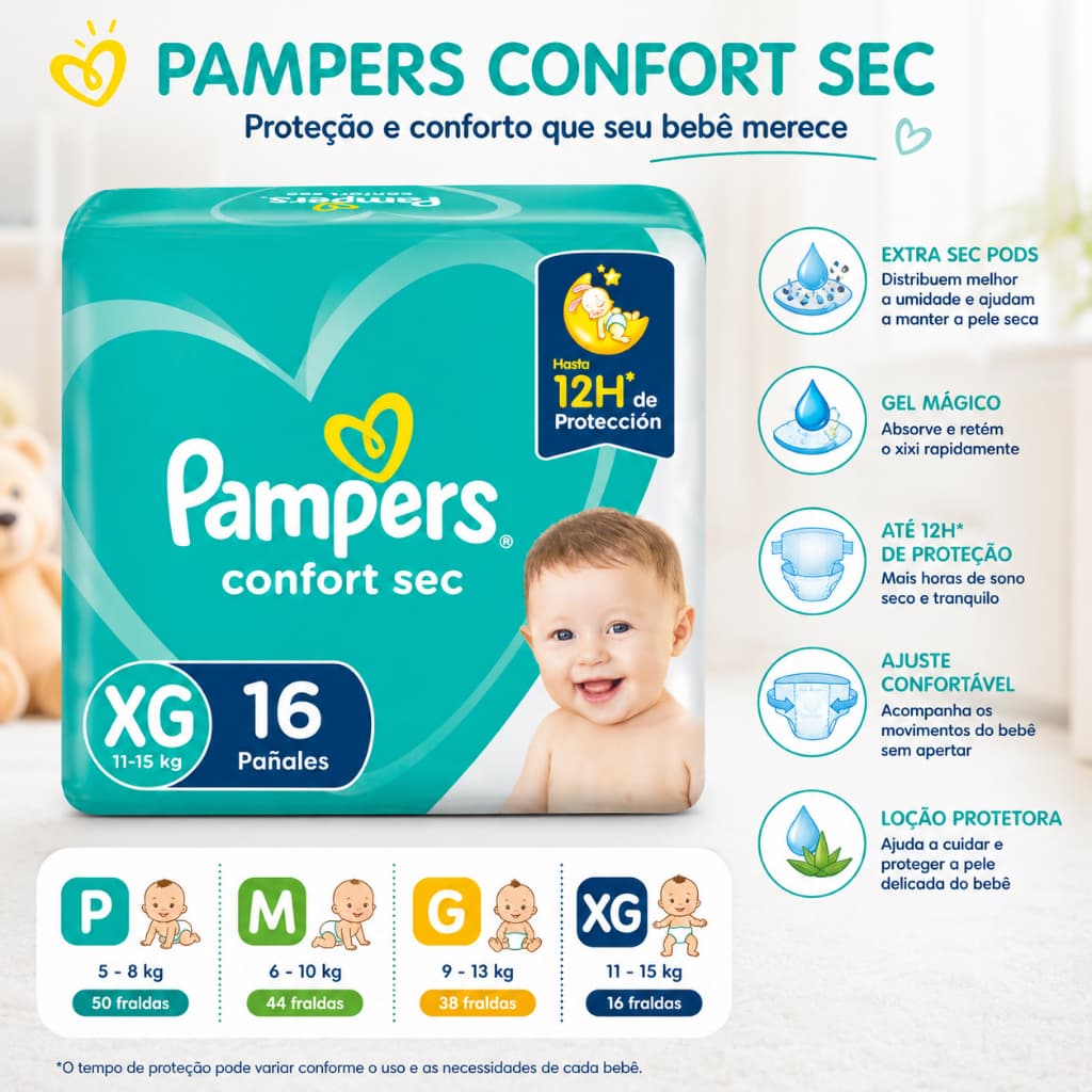 Fralda Descartável Pampers Confort Sec Super Absorção Antivazamento Toque Macio para Bebê
