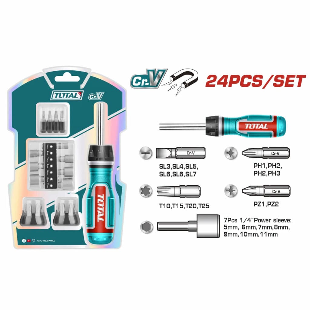 JOGO DE CHAVE FENDA/BITS/SOQUETE 24(Peças) CATRACA/REVERSIVEL ) - 1/4" X 170 mm - TOTALTOOLS