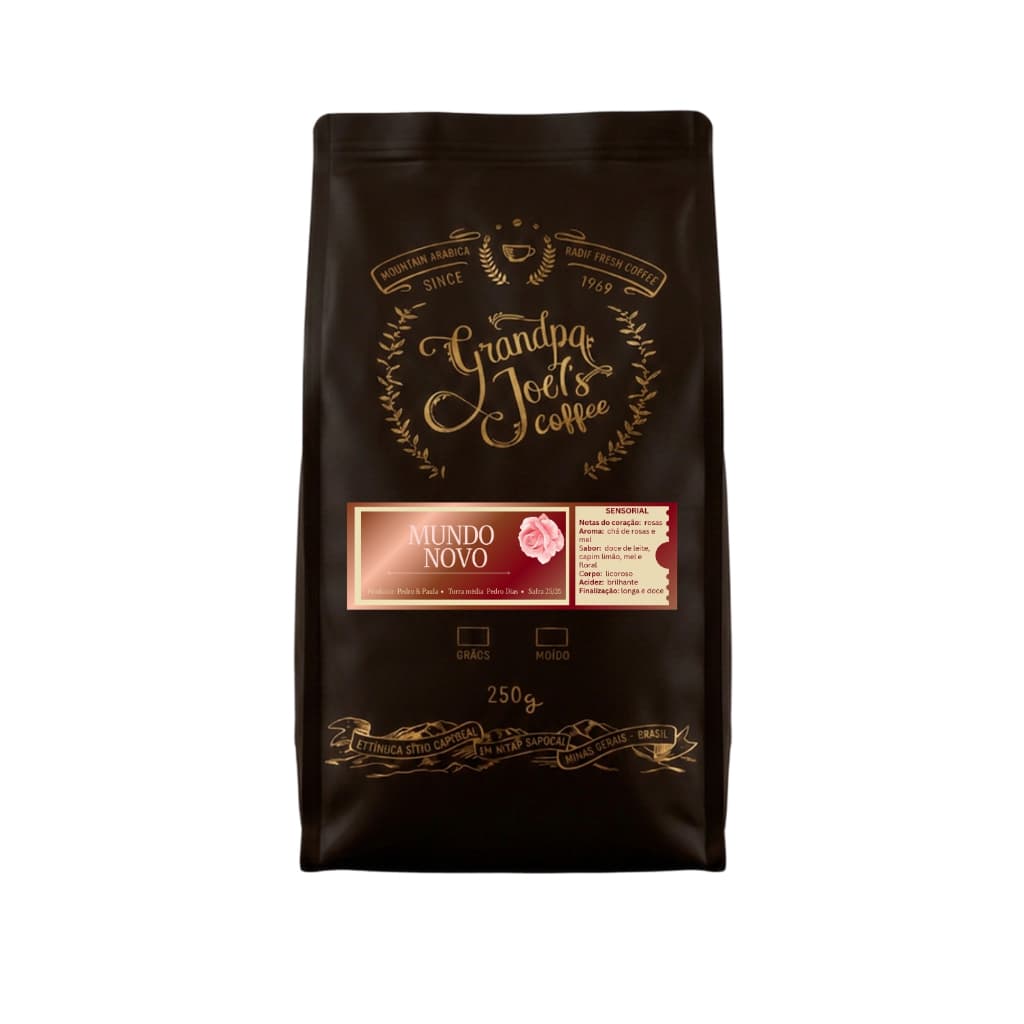 Café Especial Mundo Novo – 250g em Grãos | Torra Fresca da Fazenda Grandpa Joel's Coffee