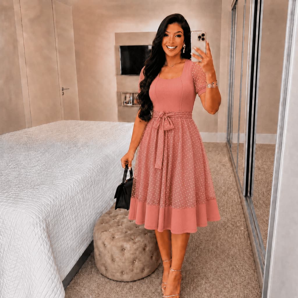 Vestido Mídi Godê Feminino Moda Evangélica Malha Canelada com Tule e Faixa