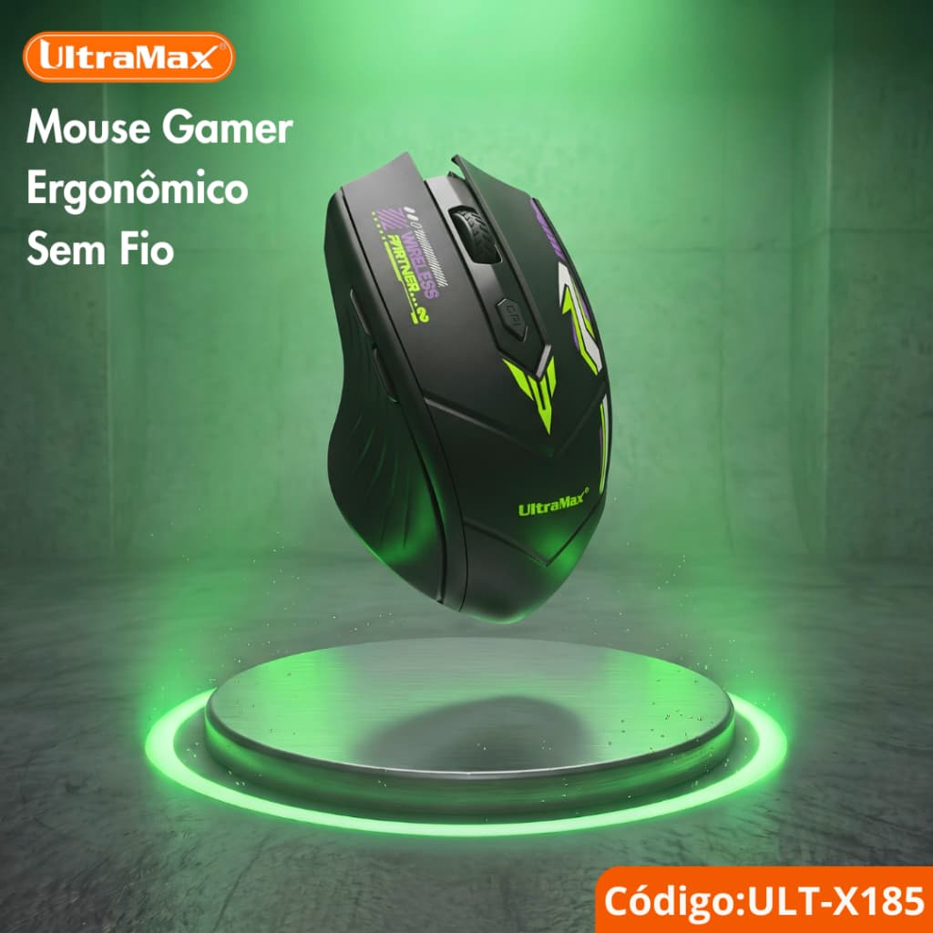 Mouse Gamer Sem Fio Recarregável UltraMax ULT-X185 Bluetooth e USB 2.4GHz Ergonômico 1600 DPI