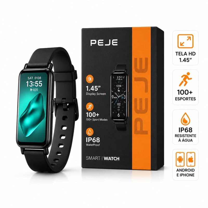 Smartwatch PEJE 1.45’’ Tela HD IP68 Relógio Inteligente Bluetooth 100+ Modos Esportivos Android iPhone