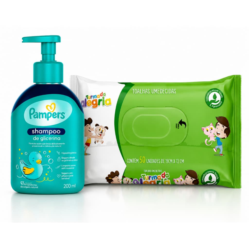 Kit Shampoo de Glicerina Pampers Hipoalergênico Bebê 200ml Lenço Umedecido Turma da Alegria Higiene