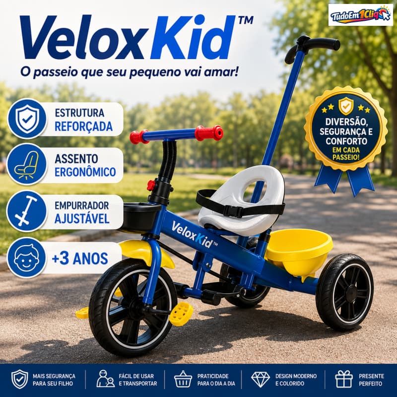 Triciclo Infantil com Empurrador Carrinho de Passeio Bebê Motoca Cadeirinha Seguro +3 Ano Azul VeloxKid