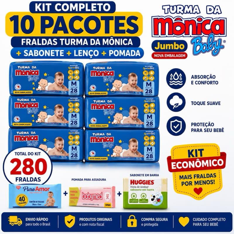 Kit Fraldas Turma da Mônica | Escolha Tamanho | 10 Pacotes | Proteção Dia e Noite | Bebe sequinho + Sabonete