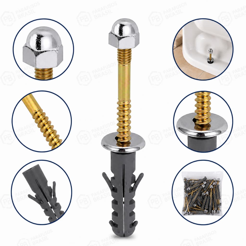 Kit 100 Parafusos Fixadores Vaso Sanitário Pia Tanque Bidê Castelo Bicromatizado Reforçado Completo