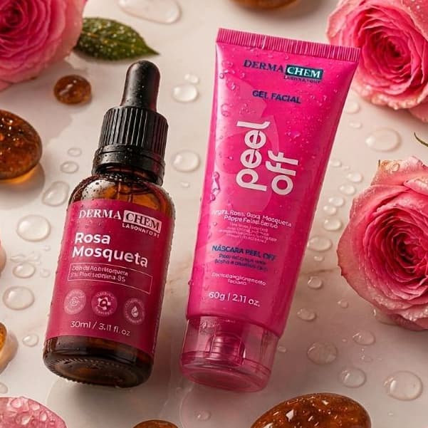 Kit Rosa Mosqueta Derma Chem Sérum + Mascara Gel Facial Clareador Hidratante Anti-idade