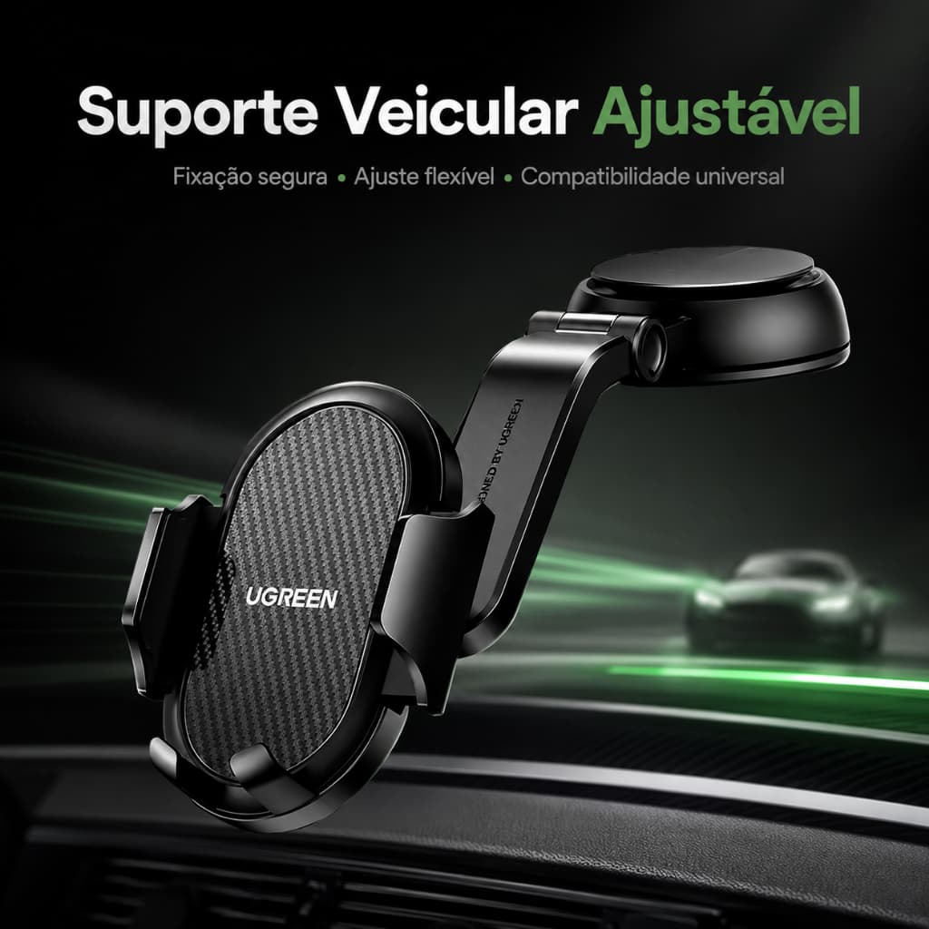 Suporte Veicular UGREEN Para Celular Carro Ajustável Preto Fixação Segura