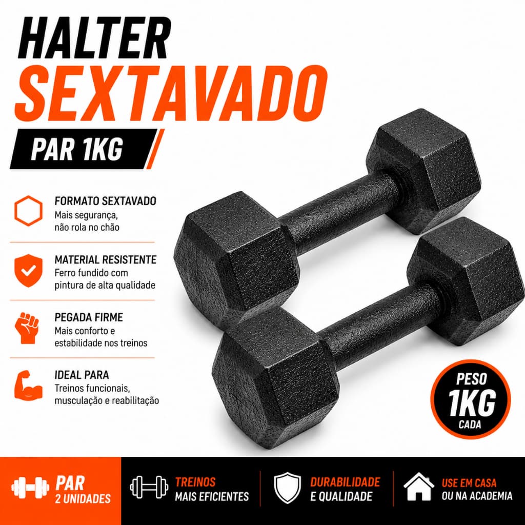 Halter Sextavado Ferro Fundido Pintado Preto par de 1kg Academia emagrecimento fisioterapia