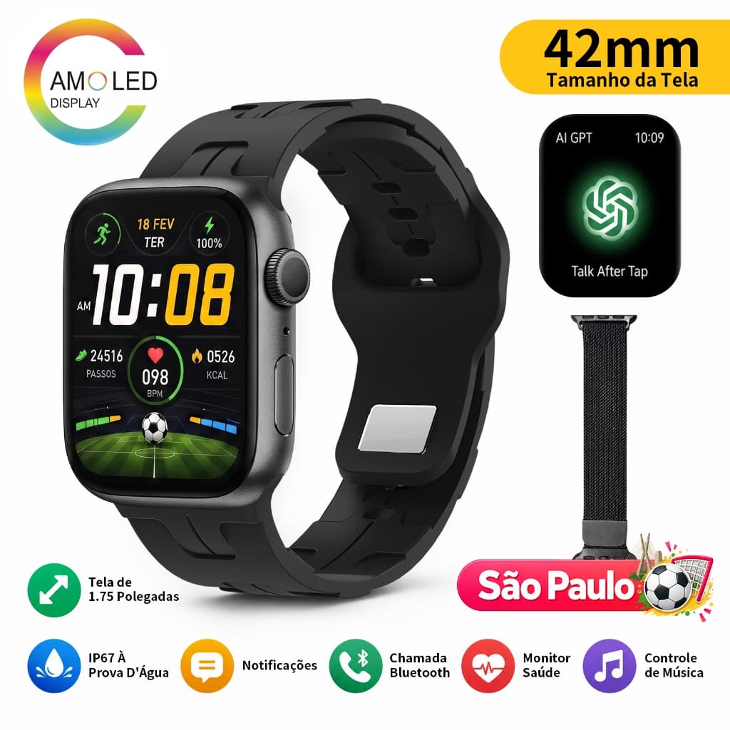 Relógio SmartWatch X55 PROMINI Tela 1.74" ChatGPT Responde WhatsApp GPS NFC 100 modos esportivos Relógio Inteligente