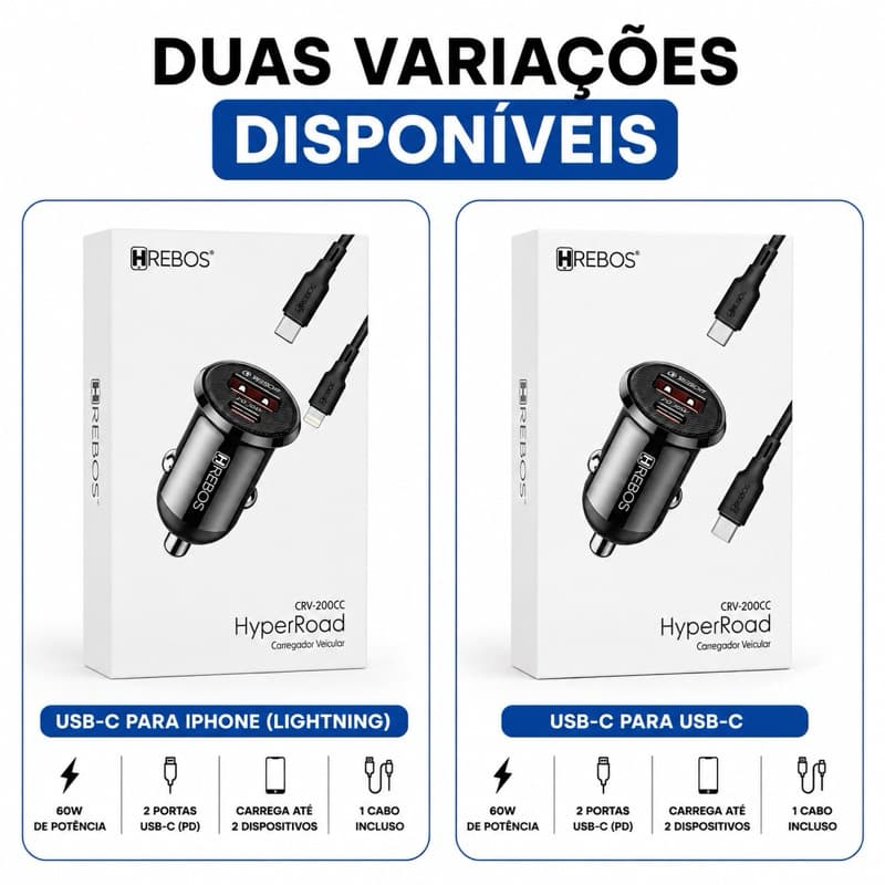 Carregador Veicular HREBOS HyperRoad CRV-200CC PD 20W + Cabo USB-C | Homologado Anatel