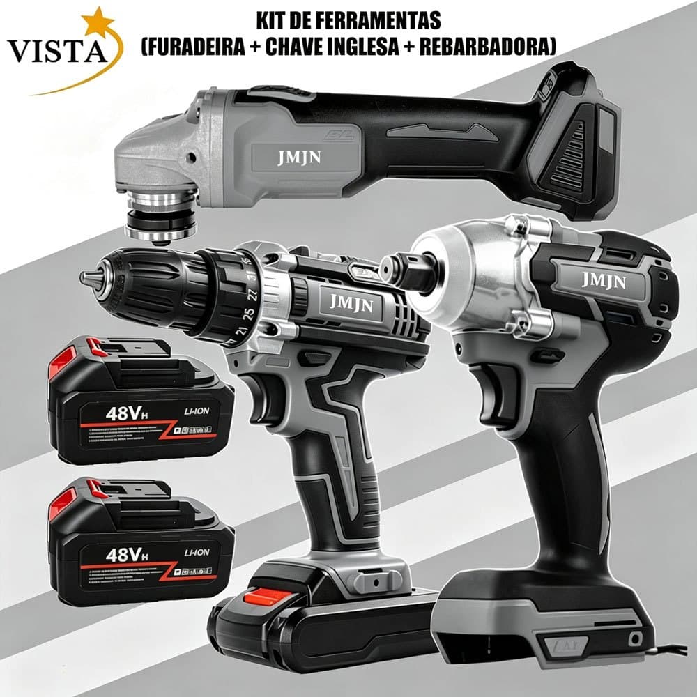Kit 3 em 1 48V Sem Fio com 2 Baterias – Furadeira Parafusadeira + Chave de Impacto + Esmerilhadeira Profissional VISTA