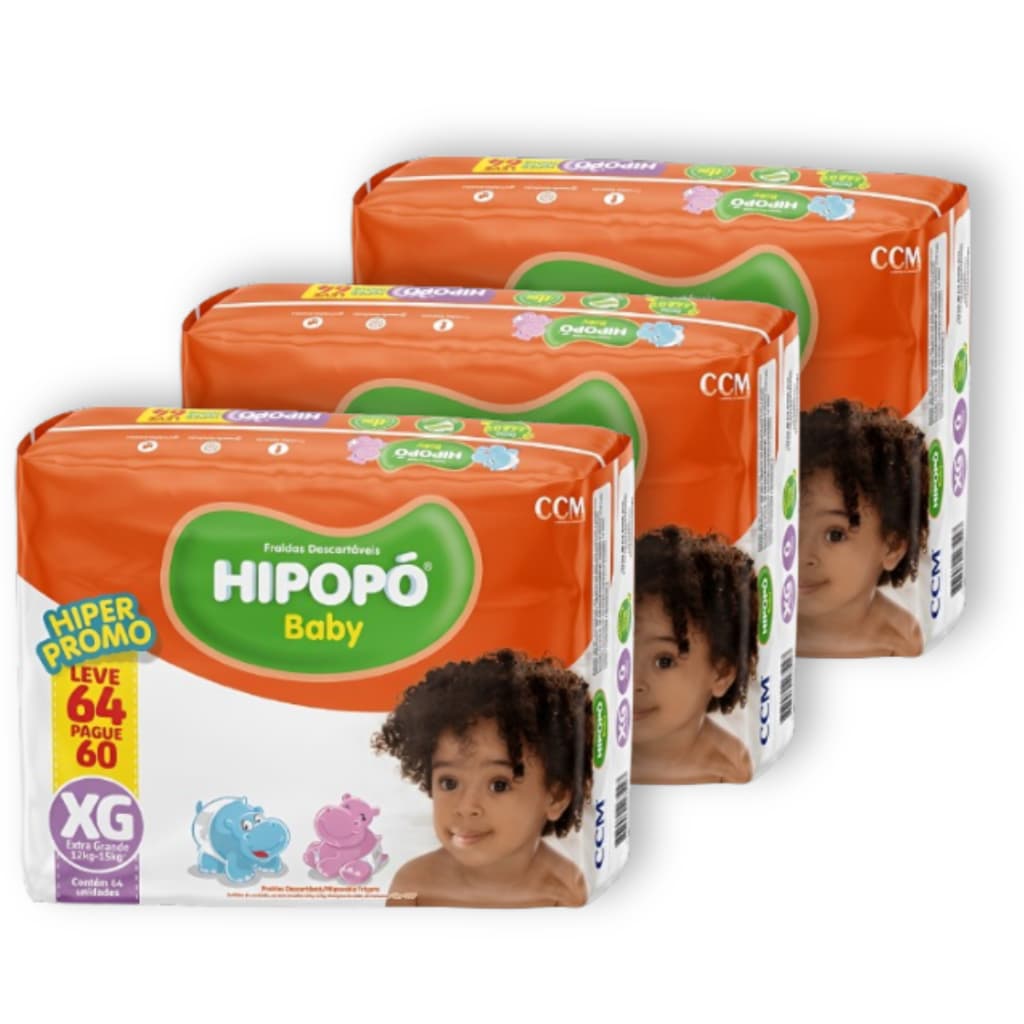 Kit 3 Fralda Descartável Hipopó Baby XG Pacotão Hiper Total 192 Unid. Econômica