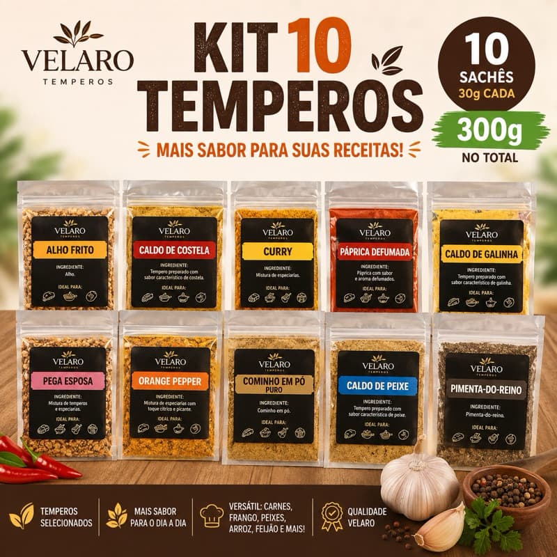 Kit 10 Temperos 30g Cada 300g – Temperos Variados para Carne, Frango, Peixe, Arroz e Feijão | Velaro