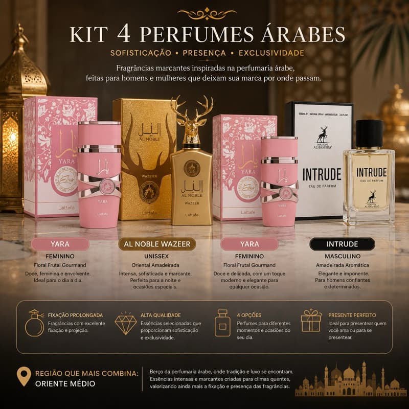 Kit 4 Perfumes Árabes Lattafa Femininos e Masculinos – Yara, Al Noble Wazeer e Nutude – Perfumes Importados
