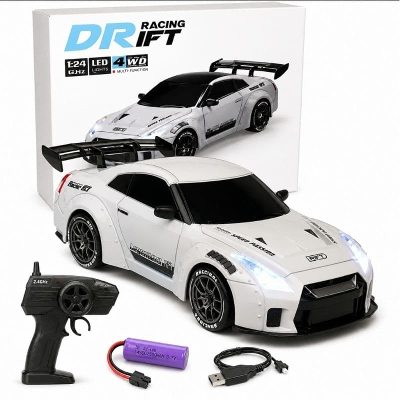 Carrinho de Controle Remoto drift Nissan GTR - Tração 4x4 e Luzes LED Neon
