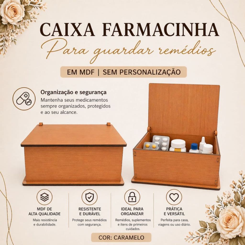 Caixa Farmacinha em MDF Organizadora de Remédios Kit Primeiros Socorros Tampa com Dobradiça Cor Caramelo
