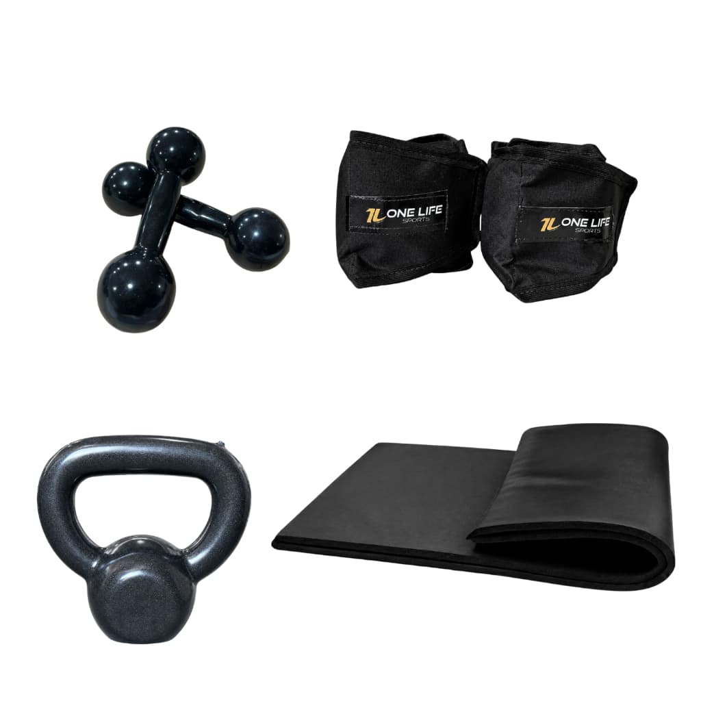 Kit Aeróbico em Casa Caneleira 5kg Halter 3kg Kettlebell 4kg Colchonete Treino Funcional Fitness